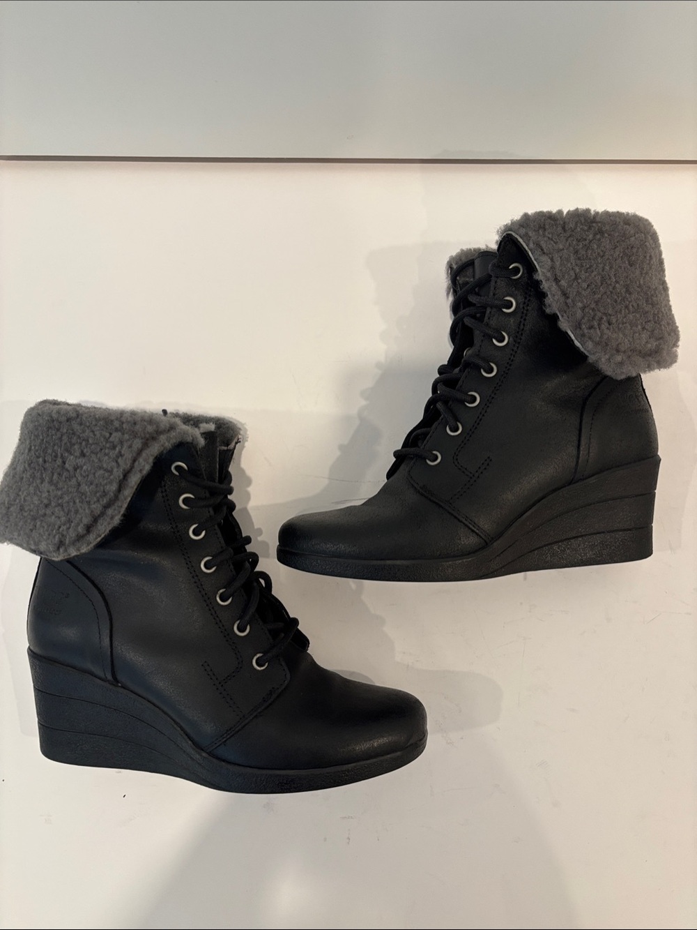 UGG Black Lace-Up Wedge Ankle Boots with Gray Shearling Cuff